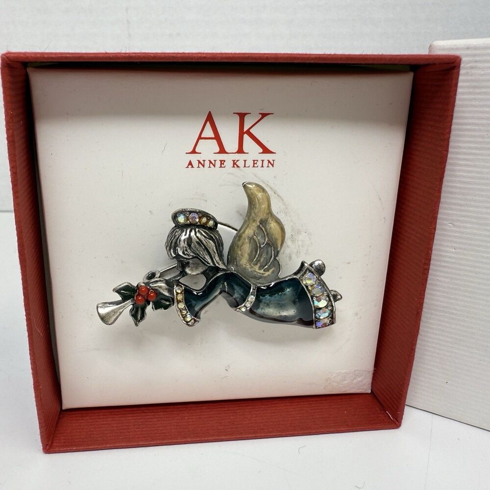 Anne Klein Enamel Rhinestone Flying Angel With Instrument Brooch New